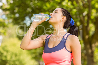 Fit brunette drinking from her water bottle