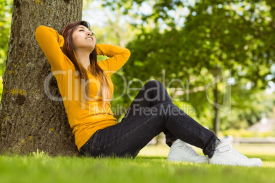 Beautiful woman sitting against tree in park