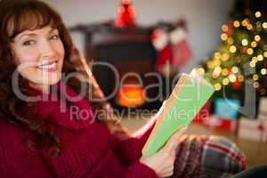 Smiling red hair reading on the couch at christmas