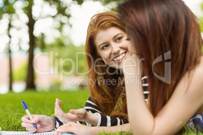 Female students with books in park