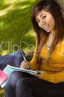 Female college student doing homework in park