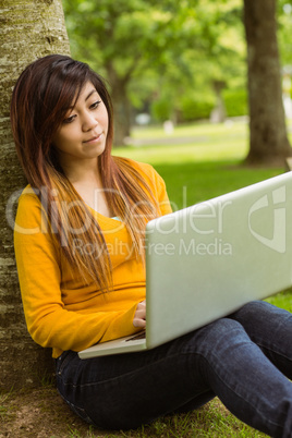 Relaxed woman using laptop in park