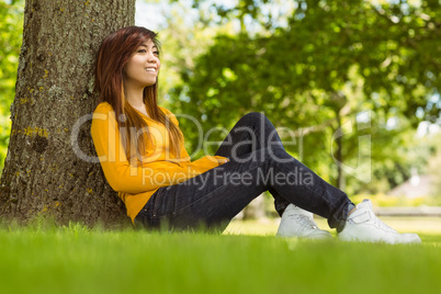 Beautiful woman sitting against tree in park