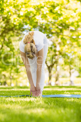 Peaceful blonde doing yoga in the park