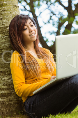 Relaxed woman using laptop in park