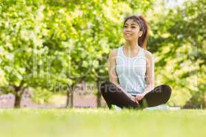 Healthy woman sitting on grass in park