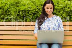 Smiling brunette using laptop on bench