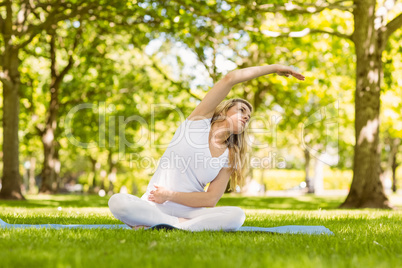 Fit blonde doing yoga in the park