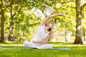 Fit blonde doing yoga in the park