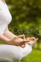Mid section of woman in lotus pose at park