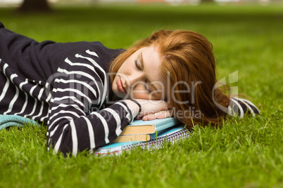 Beautiful young woman lying at park