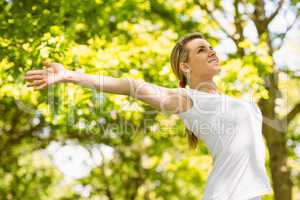 Peaceful blonde doing yoga in the park