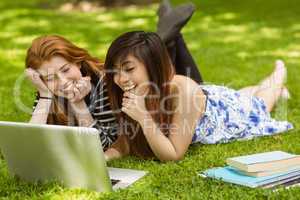 Happy women using laptop in park