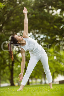 Toned woman doing stretching exercises in park