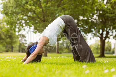 Brunette in dolphin pose in the park