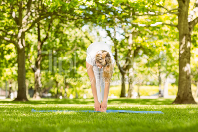 Peaceful blonde doing yoga in the park