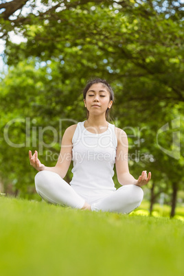 Healthy woman sitting in lotus pose at park