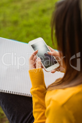 Female student text messaging in park