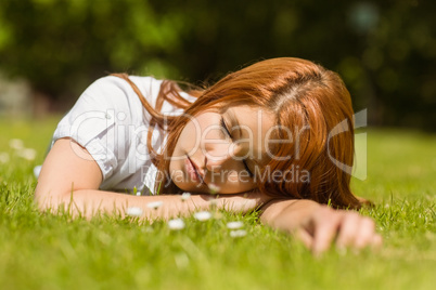 Pretty redhead napping on grass