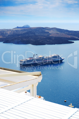 The view on Aegean sea and cruise ship, Santorini island, Greece