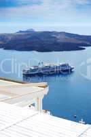 The view on Aegean sea and cruise ship, Santorini island, Greece