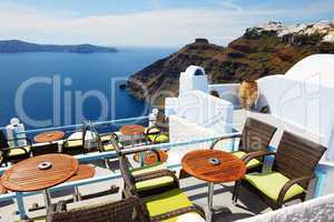 The sea view terrace at luxury hotel, Santorini island, Greece