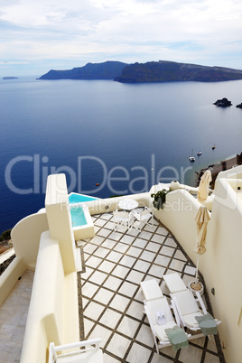 The sea view terrace at luxury hotel, Santorini island, Greece