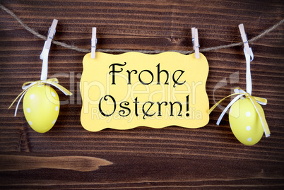 Yellow Label With Two Easter Eggs And Frohe Ostern