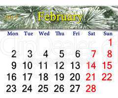 calendar for the February of 2016 with pine branches