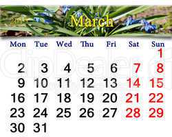 calendar for March of 2015 year with snowdrops