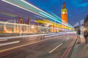 Traffic on Westminster Bridge with car light trails