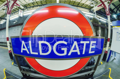 LONDON - AUG 21, 2013: Aldgate underground subway sign. Undergro