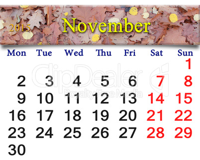 calendar for November of 2015 with the yellow leaves