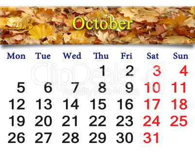 calendar for October of 2015 with the yellow leaves