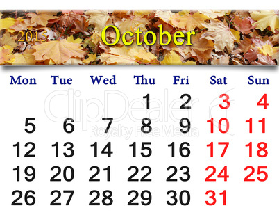 calendar for October of 2015 with the yellow leaves