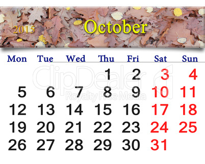 calendar for October of 2015 with the yellow leaves