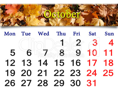 calendar for October of 2015 with the yellow leaves