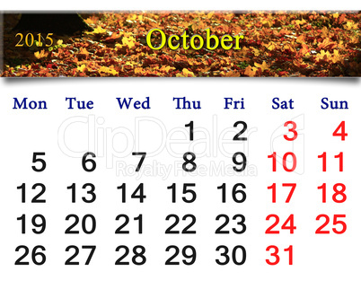 calendar for October of 2015 with the yellow leaves