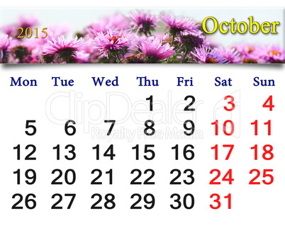 calendar for October of 2015 with the pink asters