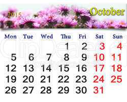 calendar for October of 2015 with the pink asters