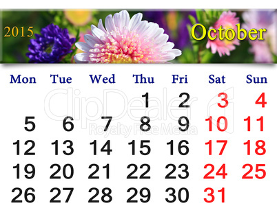 calendar for October of 2015 with the pink asters