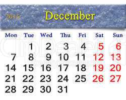 calendar for the December of 2015 with layer of snow