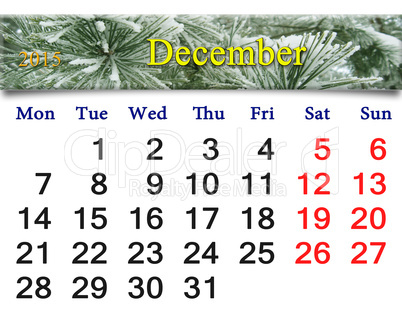 calendar for the December of 2015 with evergreen spruce