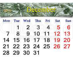 calendar for the December of 2015 with evergreen spruce