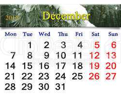 calendar for the December of 2015 with evergreen spruce