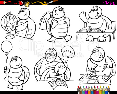 school turtle set cartoon coloring page