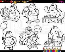 school turtle set cartoon coloring page