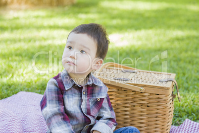 Young Mixed Race Boy Sitting in Park Near Picnic Basket