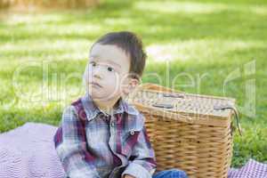 Young Mixed Race Boy Sitting in Park Near Picnic Basket
