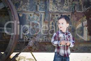 Cute Young Mixed Race Boy Having Fun Near Antique Machinery